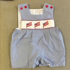Striped Blue and White Kids JonJon Romper with smocked American Flags